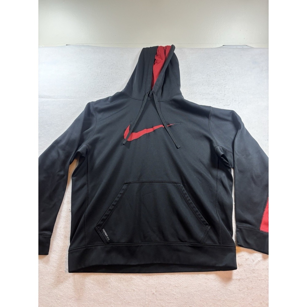 Nike Mens Therma Fit Black Red Pullover Hoodie Size Large Swoosh Hood Lining